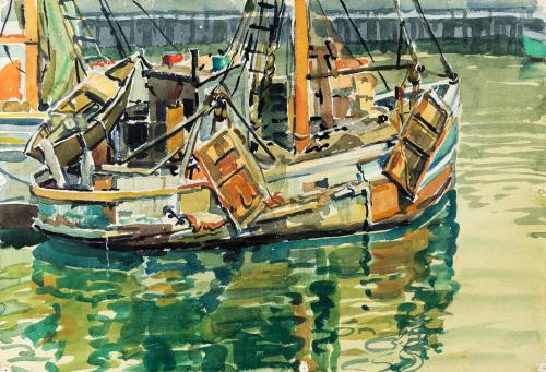 [Harbor scene with boat]
