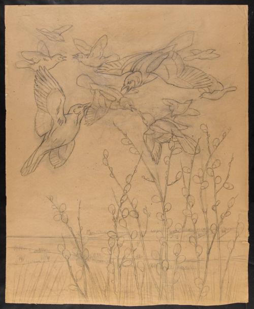Ten Birds Fighting Among Pussy Willows