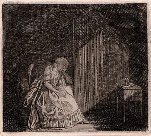 Seated woman with sleepy expression