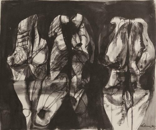 Three figures reflected in the frozen mire