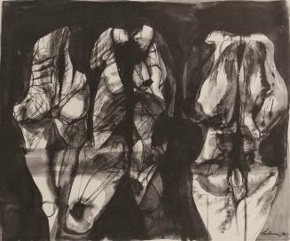 Three figures reflected in the frozen mire