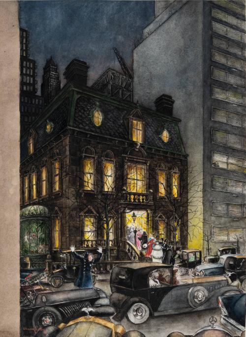 [Policeman directing traffic outside mansion]