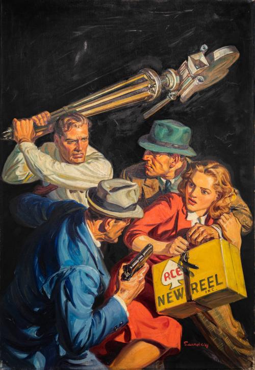 [Man swinging camera to defend woman with newsreel from two men]