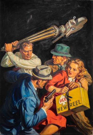 [Man swinging camera to defend woman with newsreel from two men]