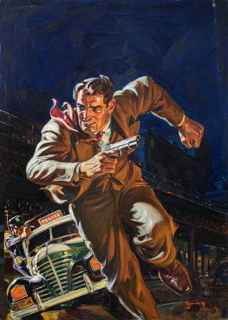 [Man with gun running from police car]