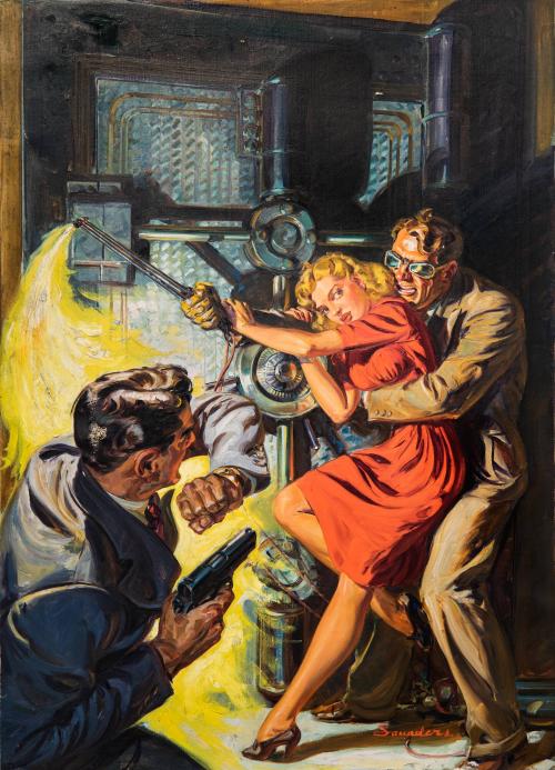 [Woman in red dress with welders torch struggles with two men before a bank vault]