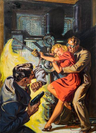 [Woman in red dress with welders torch struggles with two men before a bank vault]