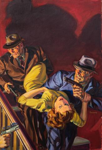 [Two armed men abduct woman in yellow dress down a stairway]