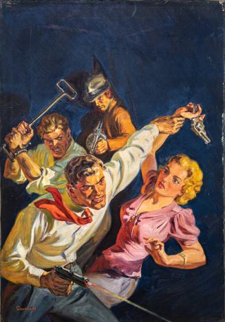 [Armed man restrains blonde woman as two other men attack from behind]