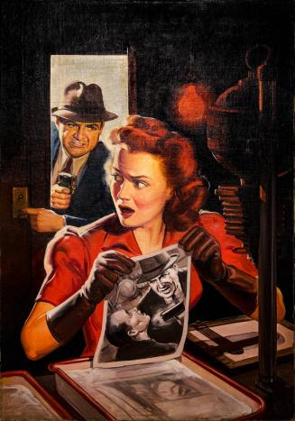 [Woman in red in a photo dark room developing a photo is surprised by a gunman]