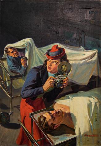 [Woman in morgue attempts to photograph a dead man as an armed man emerges from behind]