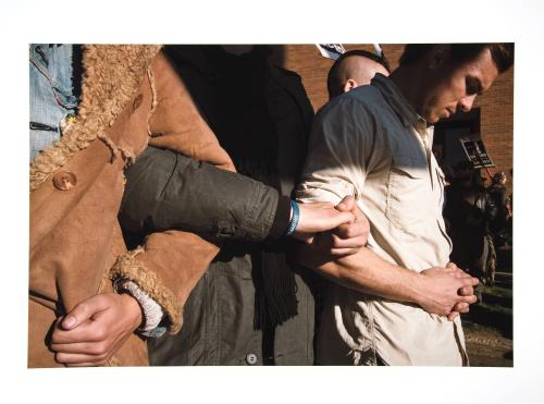 Non-Native Allies Circling Native Water Protectors to Protect them from arrest during a street action that stopped traffic outside the Federal Building in Bismarck, ND, where camp leaders and legal defense representatives were attempting to learn the status of arrested Water Protectors.