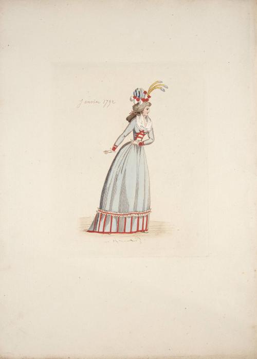 [Woman wearing long blue dress with red detail, January 1792]