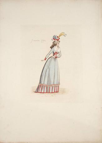 [Woman wearing long blue dress with red detail, January 1792]
