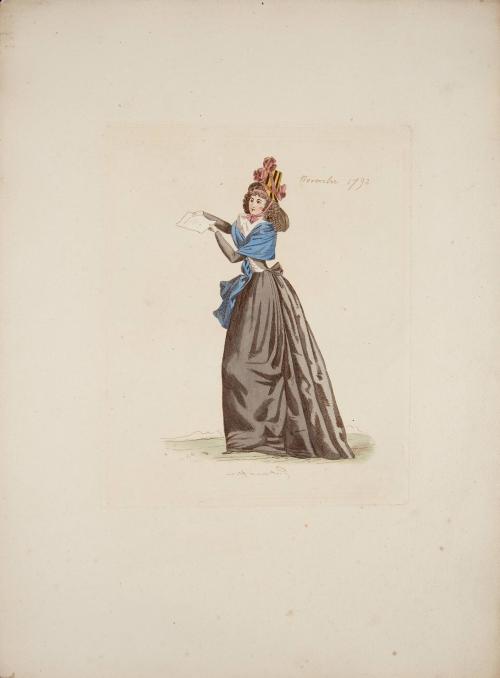 [Woman wearing long black dress with blue shawl, November 1792]