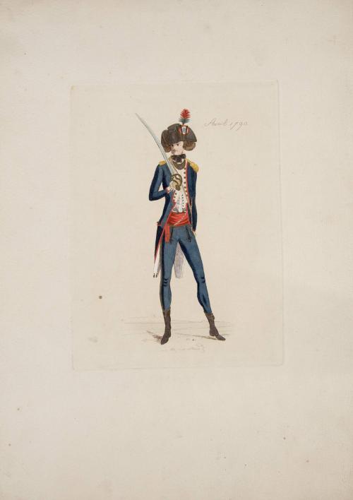 [Man wearing blue military uniform with red details, April 1790]