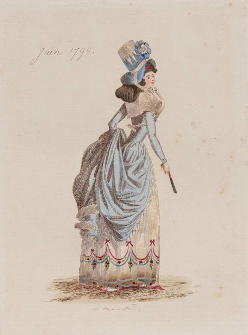 [Woman wearing blue dress over embroidered petticoat, June 1790]