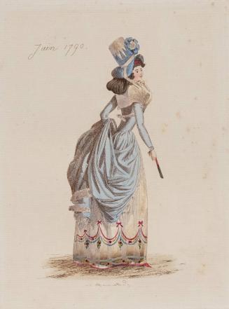 [Woman wearing blue dress over embroidered petticoat, June 1790]