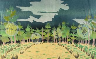 [Field with yellow concentric circles amongst green trees]