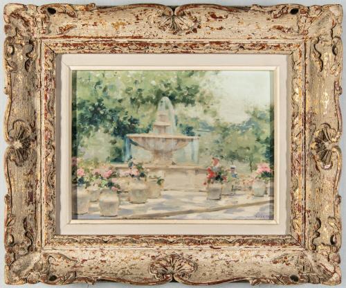 [Fountain in a park with woman and child]