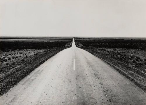 Portfolio box for "American Roads" portfolio with copy print of Dorothea Lange's "U.S. 54, North of El Paso, Texas"