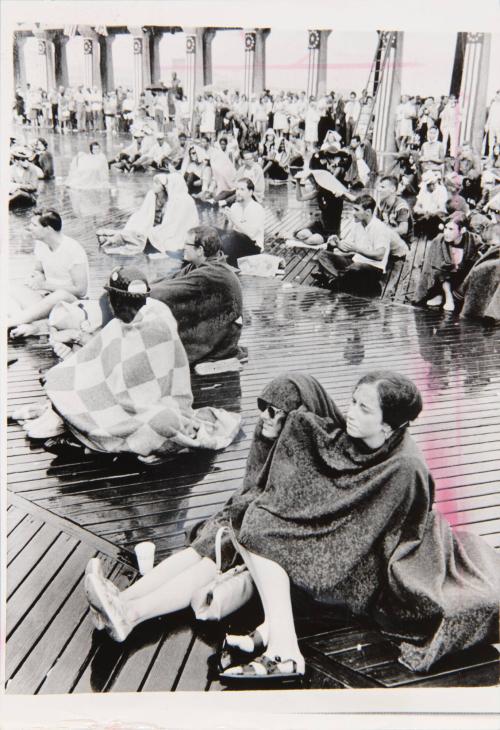 A rainstorm Wednesday failed to drive off the civil rights demonstrators who have been marching and demonstrating outside the Democratic national convention at Atlantic City's Convention hall. When the rain started, they huddled under blankets on the Boardwalk in an attempt to keep dry.