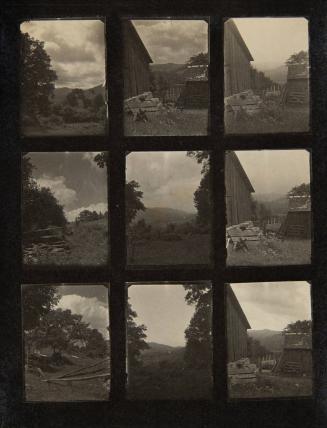 [Contact sheet with pictorial landscapes and studies of a broken fence and shed]