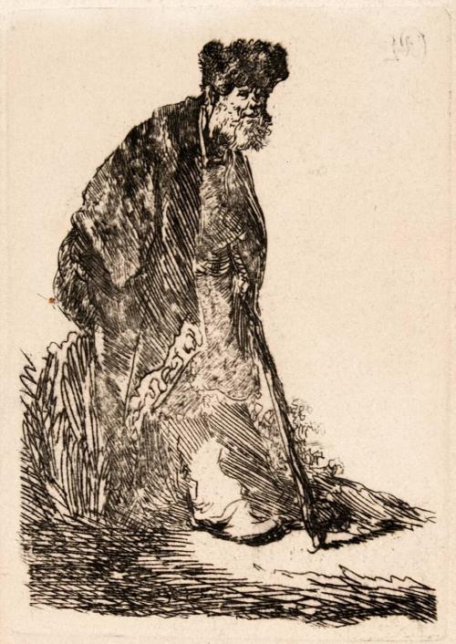 [Man in a coat and fur cap leaning against a bank]