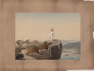 [Young child stands on rock overlooking water]