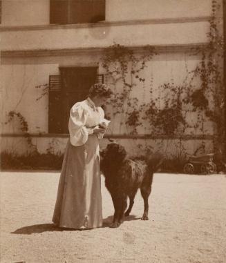[Woman holding kitten, standing next to dog]