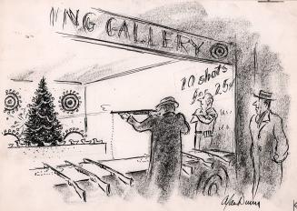 No caption (man aiming at Xmas tree in shooting gallery)