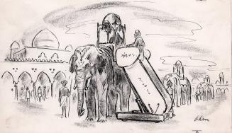 No caption (airplane stairway being used to "board" elephant)