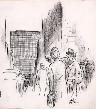 No caption (policeman giving directions to the U.N. to a turbaned Indian)