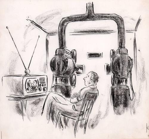 No caption [movie projectionist watching T.V.]