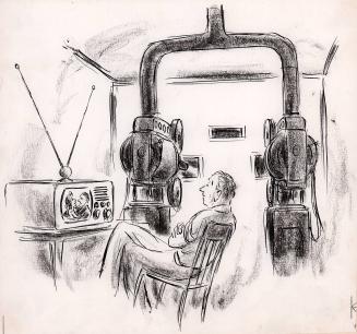 [Movie projectionist watching T.V.]