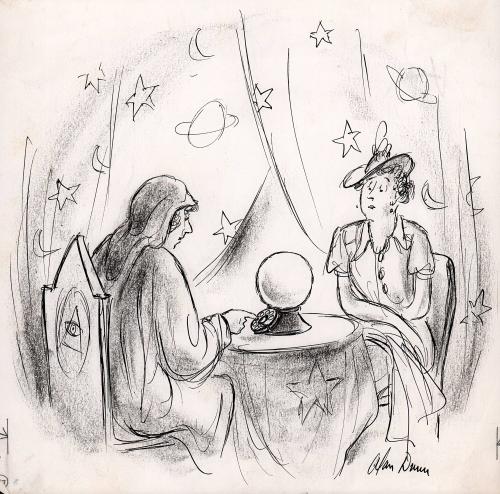 No caption (fortune teller with telephone dial on crystal ball).