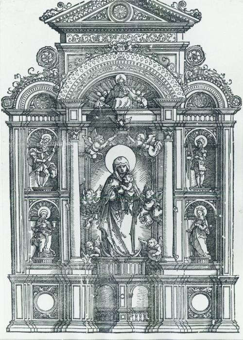 Altarpiece with the Beautiful Virgin of Regensburg and Saints Christopher, Mary Magdalen, Florian and Catherine Standing in Niches, with God the Father Above