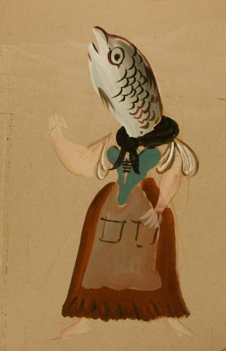[Costume design sketch depicting a female figure with head of a fish]