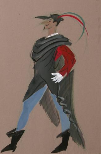 Costume Design- male figure in grey and blue costume seen in profile