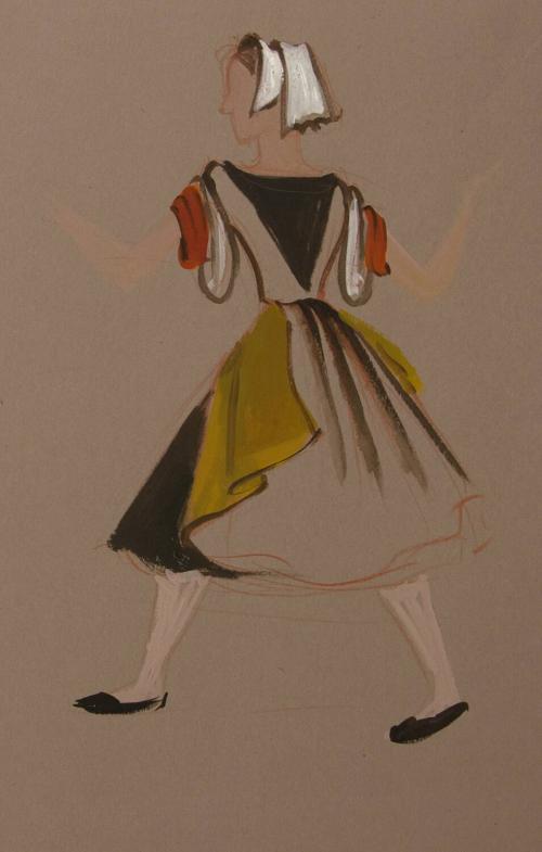 Costume Design- female figure in brown and ochre dress, seen in profile