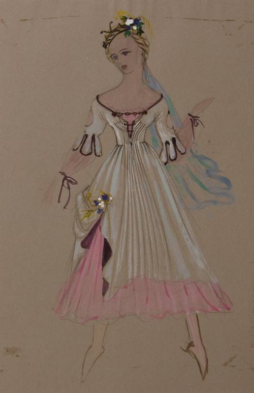 Costume Design- female figure in pink and white dress with blue train