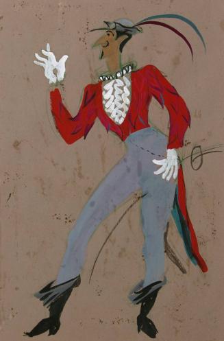 Costume Design- male figure in red jacket and blue-grey trousers seen in profile