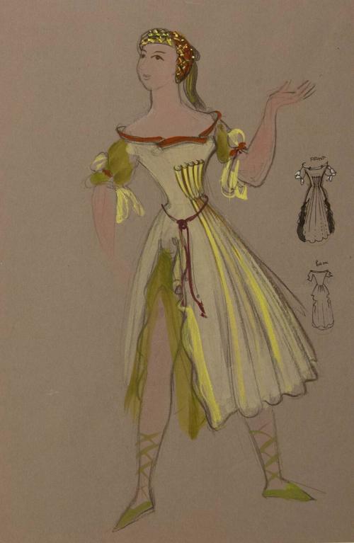 Costume Design- female figure in yellow-green dress seen in three quarter view facing left