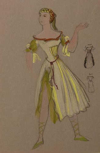 Costume Design- female figure in yellow-green dress seen in three quarter view facing left