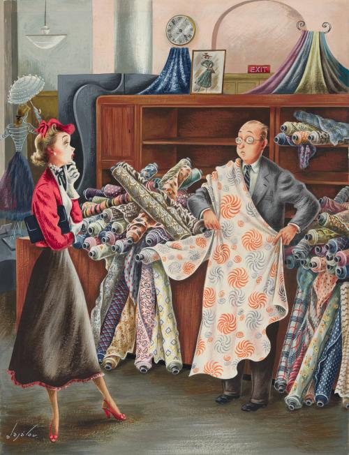 Woman looking at material with salesman