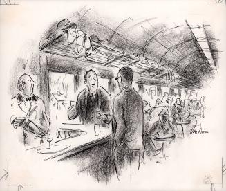 No caption (men at bar on train)
