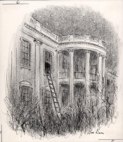 No caption (ladder at White House window.)