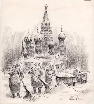 No caption (Russian women sweeping snow)