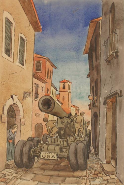 No caption (cover illustration - US Army Mobile Howitzer driving on European Street)