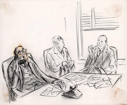 No caption (Three men sitting around desk)